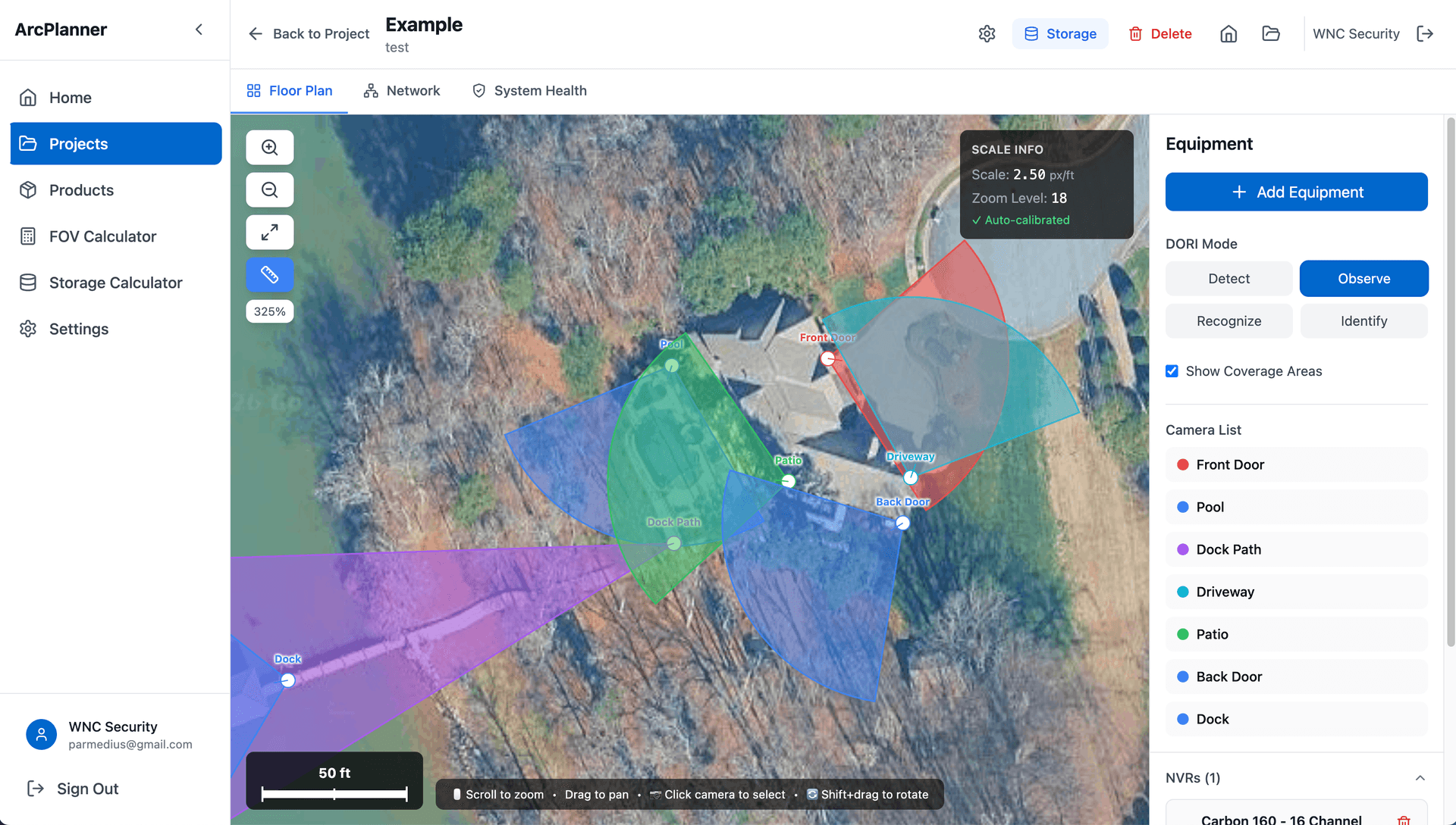 Camera placement on satellite imagery with DORI coverage zones
