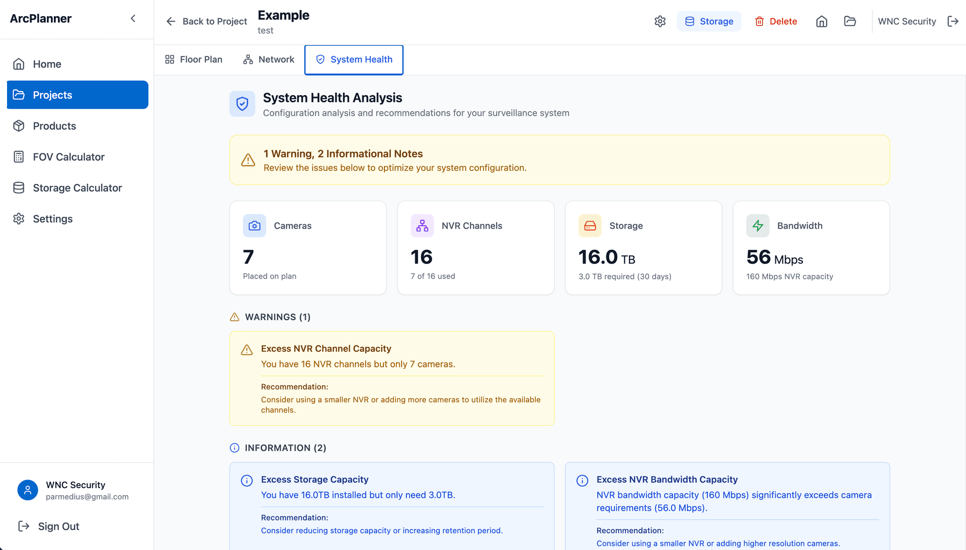 System health analysis with storage and NVR checks